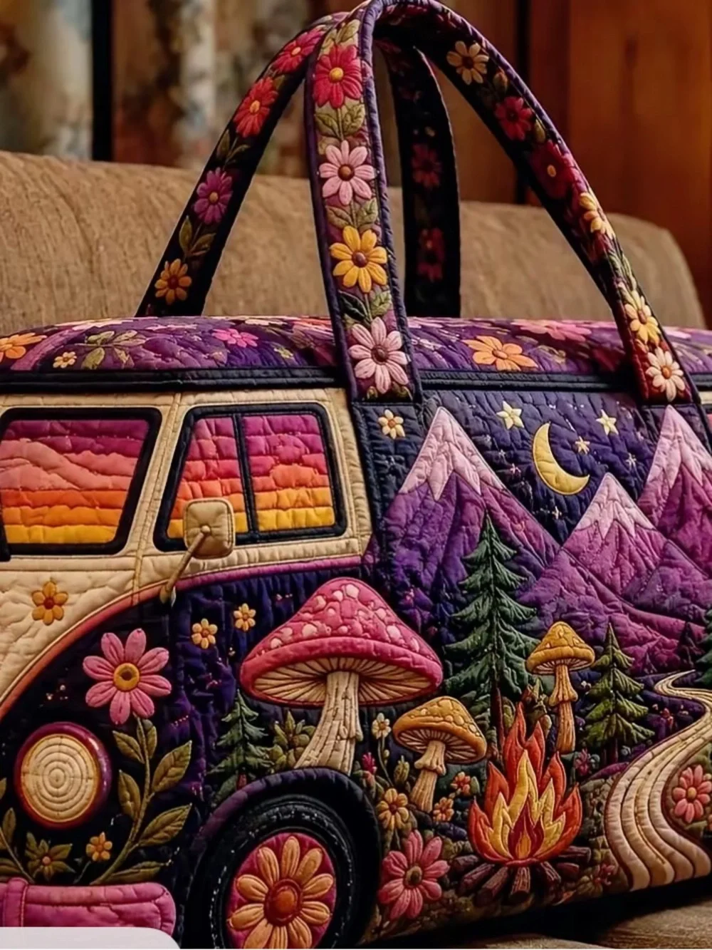 Quilted Floral Peace Van Mini Tote - Multicolor